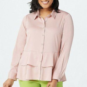 Joan Rivers Long-Sleeve Silky Blouse with Layered Hem  10494